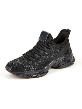 Women Black Rhinestone Mesh Slip On Walking Breathable Sparkle Glitter Sneaker